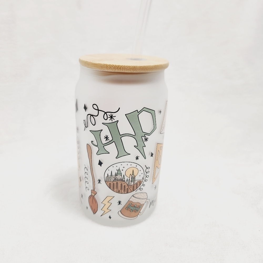 Hp Frosted Glass Tumbler Bamboo Lid Glass Straw 16 Oz